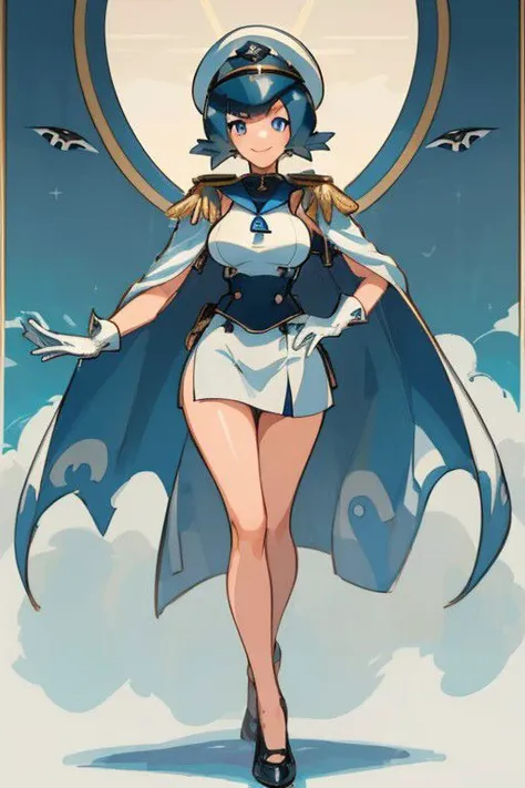 ((Masterpiece)), solo, high quality, lana_pokemon, very tall woman, eyelashes, wide hips, seductive, Navy Uniform, long legs, long torso, blueish eyes, white gloves, smile, blue hair, short hair, white cape, white military uniform, white sleeves, white peaked cap, epaulettes, white skirt, bar