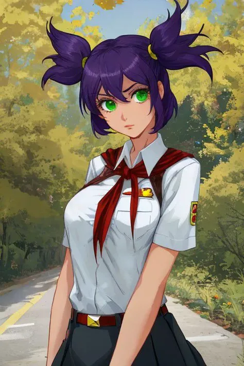 lena, green eyes, purple hair, twintails, white shirt, red badge on shirt, red bow-tied neckerchief, leather belt, blue skirt, yellow hairpin,clean,good anatomy,beautiful