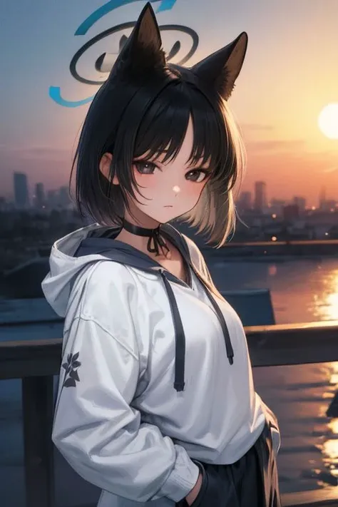detailed illustration, of a mature chubby woman, pretty face,expressionless, kikyou kiryuu, animal ears, halo, black hair, short hair, choker, hoodie, hands in pocket, outside, gradient sky, skyline, water, city skyline, cinematic lighting, hires, volumetric lighting, highly detailed background, lights and shadows, backlit, masterpiece, <lora:add detail:0.5> <lora:hairdetailer:0.5> <lora:Hoseki_BlueArchive_KikyouKiryuu_v1:0.9>