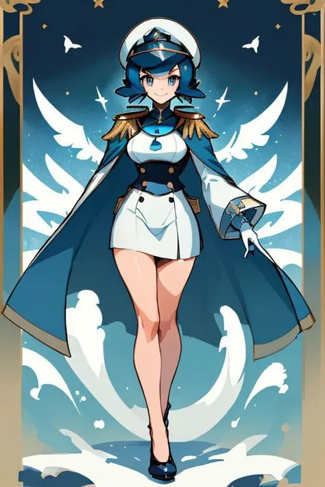 ((Masterpiece)), solo, high quality, lana_pokemon, very tall woman, eyelashes, wide hips, seductive, Navy Uniform, long legs, long torso, blueish eyes, white gloves, smile, blue hair, short hair, white cape, white military uniform, white sleeves, white peaked cap, epaulettes, white skirt, bar