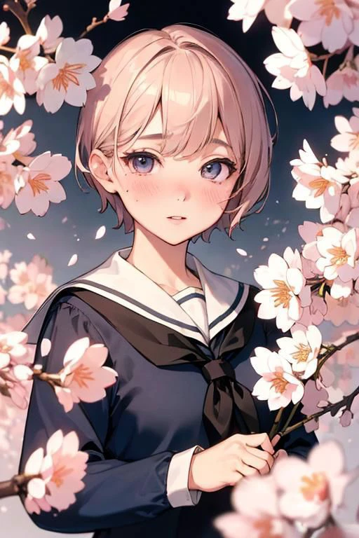 (high quality:1.4), (high resolution:1.3), (incredibly detailed:1.3), cinematic lighting, masterpiece, perfect anatomy, 1woman, school sailor uniform, spring, cherry blossom, detailed short hair, perfect face, perfect eyes, piass, blush,,