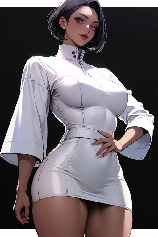 ,1girl,smirk,toned_female,covered_abs,black_hair,white_dress,full_sleeves,forehead,hair_intakes,black_lips,toned_body,full_sleeves_dress,thick,dark_skinned,cowboy_shot,short_hair, black background,(masterpiece,highres,best ,mature female,quality:1.3),cowboy_shot,thick,tall female, muscular, buff