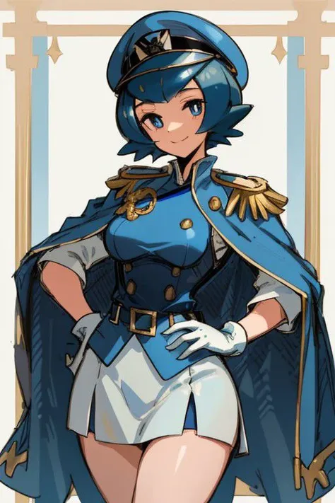 ((Masterpiece)), solo, high quality, lana_pokemon, very tall woman, eyelashes, wide hips, seductive, Navy Uniform, long legs, long torso, blueish eyes, white gloves, smile, blue hair, short hair, white cape, white military uniform, white sleeves, white peaked cap, epaulettes, white skirt, bar