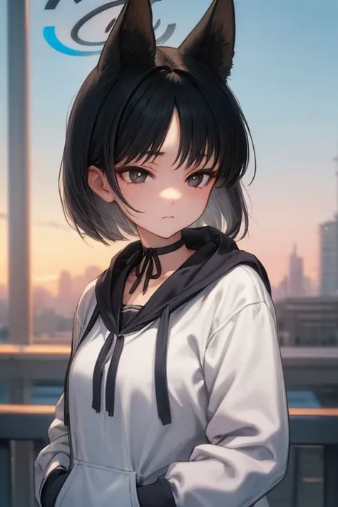 detailed illustration, of a mature chubby woman, pretty face,expressionless, kikyou kiryuu, animal ears, halo, black hair, short hair, choker, hoodie, hands in pocket, outside, gradient sky, skyline, water, city skyline, cinematic lighting, hires, volumetric lighting, highly detailed background, lights and shadows, backlit, masterpiece, <lora:add detail:0.5> <lora:hairdetailer:0.5> <lora:Hoseki_BlueArchive_KikyouKiryuu_v1:0.9>