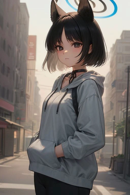 detailed illustration, of a mature chubby woman, pretty face,expressionless, kikyou kiryuu, animal ears, halo, black hair, short hair, choker, hoodie, hands in pocket, outside,  gradient sky, skyline, water, city skyline, cinematic lighting, hires, volumetric lighting, highly detailed background, lights and shadows, backlit, masterpiece, <lora:add detail:0.5> <lora:hairdetailer:0.5> <lora:Hoseki_BlueArchive_KikyouKiryuu_v1:0.9>