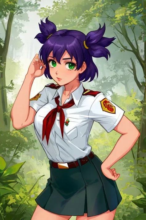 lena, green eyes, purple hair, twintails, white shirt, red badge on shirt, red bow-tied neckerchief, leather belt, blue skirt, yellow hairpin,clean,good anatomy,beautiful, cartoon