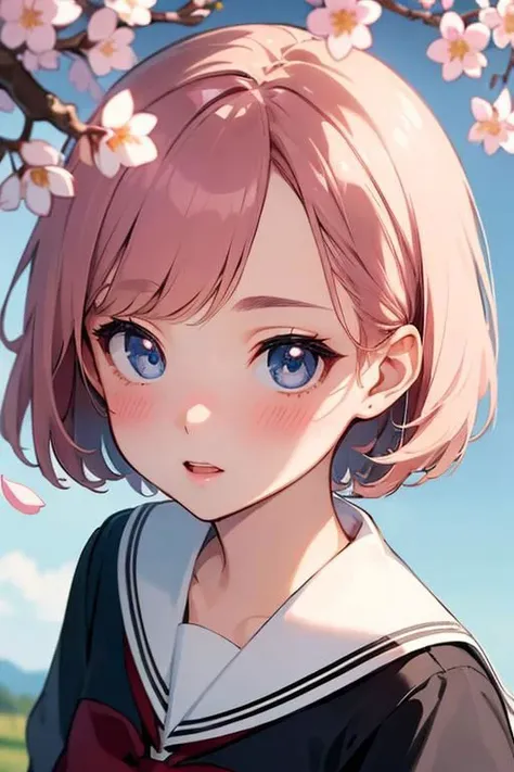 (high quality:1.4), (high resolution:1.3), (incredibly detailed:1.3), cinematic lighting, masterpiece, perfect anatomy, 1woman, school sailor uniform, spring, cherry blossom, detailed short hair, perfect face, perfect eyes, piass, blush,,