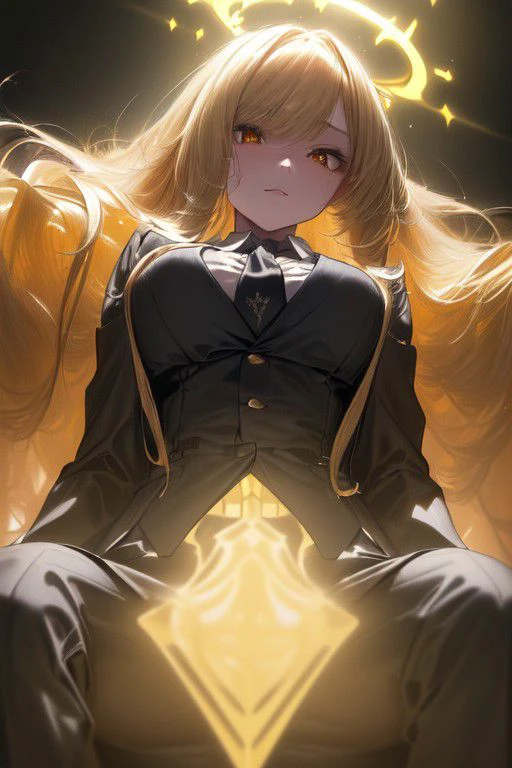 {{OverallDetail, ((((masterpiece, best quality, hires, high resolution:1.2, 4k, 8k , high quality, extremely detailed, )))) }} (((close up))) ,radiant lighting, sense of speed, volumetric real-time lighting and shadows, anime colored, perfect fingers, Beautiful fingers, anatomy, solo, 1girl, tall girl, full lips, ((perfect yellow eyes)) ,
(((detailed golden_blonde hair, bangs , swept bangs, very_long_hair, flowing long hair , wavy_hair, floating hair , very long sidelocks, two toned hair , glowing blonde under hair))),
((thin waist , breast ass, wide_hips)),
((( suit, collared_shirt, dress_shirt, necktie , corsage, waistcoat, suit_ jacket, pant_suit ))) ,
((sitting on large throne )), {{{looking down at viewer}}},
((dark background, back light, glowing halo ,perspective shot, detailed background)) , (((from below , face focus, portrait, upper_body )))) , back light, glowing halo above head, very large glowing feathered wings of light, light rays,, ))