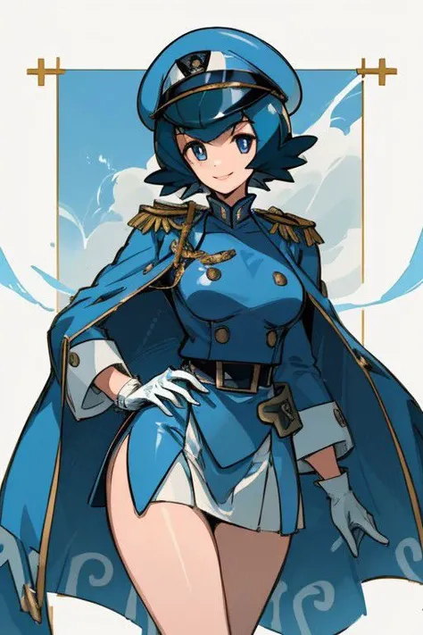 ((Masterpiece)), solo, high quality, lana_pokemon, very tall woman, eyelashes, wide hips, seductive, Navy Uniform, long legs, long torso, blueish eyes, white gloves, smile, blue hair, short hair, white cape, white military uniform, white sleeves, white peaked cap, epaulettes, white skirt, bar