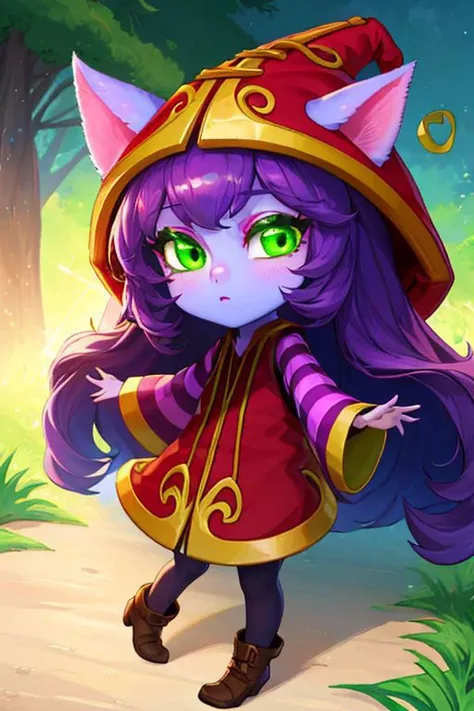 lulu, long hair, bangs, animal ears, (green eyes:1.5), purple hair, colored skin, purple skin, long sleeves, hat, dress, red headwear, ears through headwear, striped sleeves, yordle, masterpiece, best quality, (high detailed)