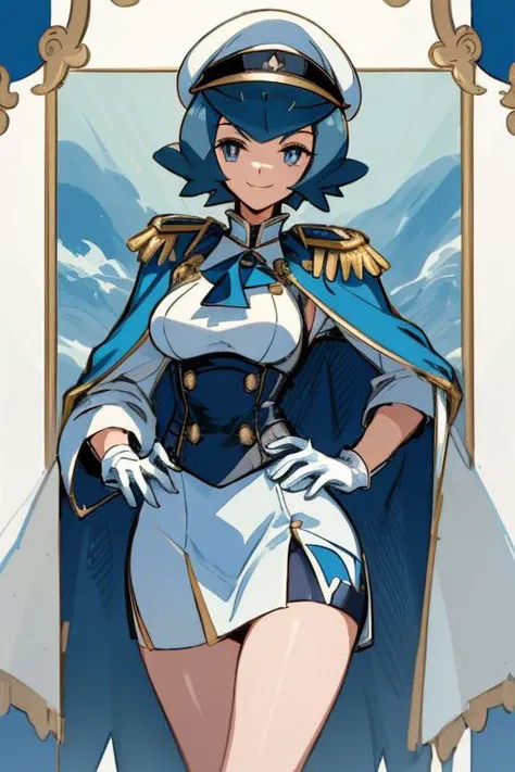 ((Masterpiece)), solo, high quality, lana_pokemon, very tall woman, eyelashes, wide hips, seductive, Navy Uniform, long legs, long torso, blueish eyes, white gloves, smile, blue hair, short hair, white cape, white military uniform, white sleeves, white peaked cap, epaulettes, white skirt, bar