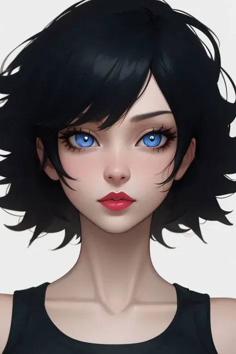 masterpiece, best quality, hires, high resolution:1.2, 4k, 8k , high quality, extremely detailed, face focus, viewed straight on , 1girl ,very black hair, short hair , messy hair, pale skin, <bleach>, lips, blue eyes , bare shoulders , crop tank top