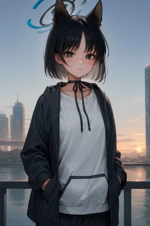 detailed illustration, of a mature chubby woman, pretty face,expressionless, kikyou kiryuu, animal ears, halo, black hair, short hair, choker, hoodie, hands in pocket, outside, gradient sky, skyline, water, city skyline, cinematic lighting, hires, volumetric lighting, highly detailed background, lights and shadows, backlit, masterpiece, <lora:add detail:0.5> <lora:hairdetailer:0.5> <lora:Hoseki_BlueArchive_KikyouKiryuu_v1:0.9>