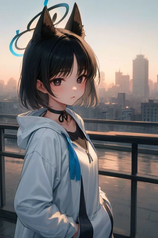 detailed illustration, of a mature chubby woman, pretty face,expressionless, kikyou kiryuu, animal ears, halo, black hair, short hair, choker, hoodie, hands in pocket, outside, gradient sky, skyline, water, city skyline, cinematic lighting, hires, volumetric lighting, highly detailed background, lights and shadows, backlit, masterpiece, <lora:add detail:0.5> <lora:hairdetailer:0.5> <lora:Hoseki_BlueArchive_KikyouKiryuu_v1:0.9>