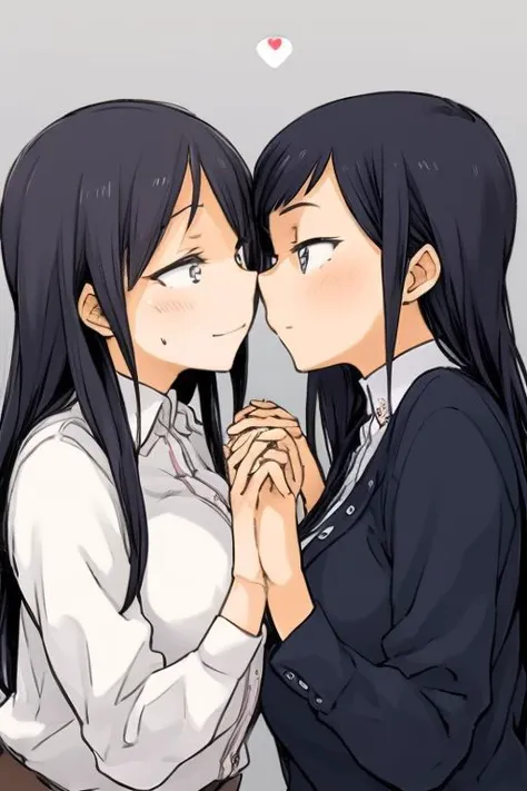 masterpiece, best quality,  <lora:KindredSpirits-002:1>, 2 girls yuri moe couple kissing romantic blush long hair, black hair, blue eyes, heart highest quality ahort hair onee-san adult female overalldetail close up age gap, height gap, big breasts, looking at each other holding hands, smile, office lady, suit