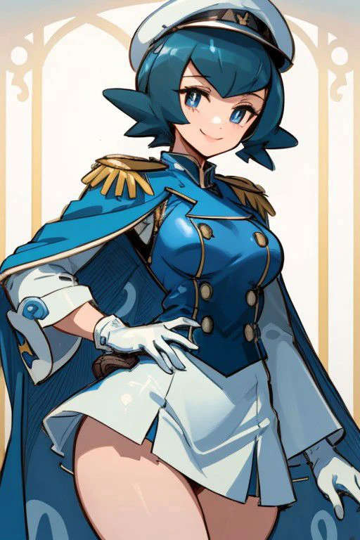 ((Masterpiece)), solo, high quality, lana_pokemon, very tall woman, eyelashes, wide hips, seductive, Navy Uniform, long legs, long torso, blueish eyes, white gloves, smile, blue hair, short hair, white cape, white military uniform, white sleeves, white peaked cap, epaulettes, white skirt, bar