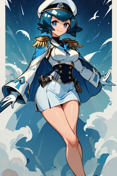 ((Masterpiece)), solo, high quality, lana_pokemon, very tall woman, eyelashes, wide hips, seductive, Navy Uniform, long legs, long torso, blueish eyes, white gloves, smile, blue hair, short hair, white cape, white military uniform, white sleeves, white peaked cap, epaulettes, white skirt, bar