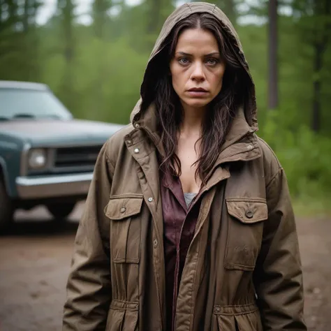 Photo of Gloria wearing a stained parka in a zombie apocalypse
