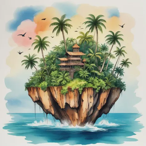 A watercolor and ink painting of a tropical flying island.