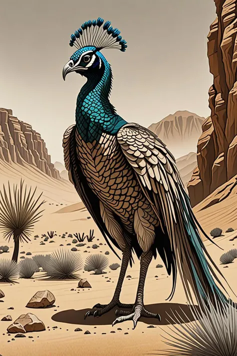 a predator eyes and muscles in a peacock in the desert in the style of ink wash painting, d&d trending on artstation, <lora:add detail xl.safetensors:1.5>