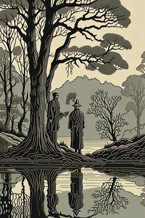 a hijikata toushirou and game asset of plant and tree in a reflection in the water in the style of style of john kenn mortensen, thoughtful pose, <lora:add detail xl.safetensors:1.5>