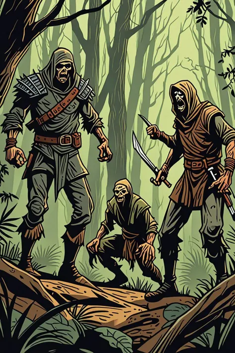 a thief warrior and medieval zombie peasant in a in forest jungle in the style of sketches, roaring, <lora:add detail xl.safetensors:1.5>