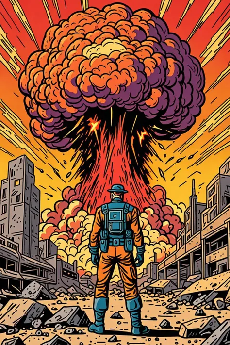 a soft draconic features and general human form in a nuclear explosion background in the style of vivid colorful comic style, rpg skill, <lora:add detail xl.safetensors:1.5>
