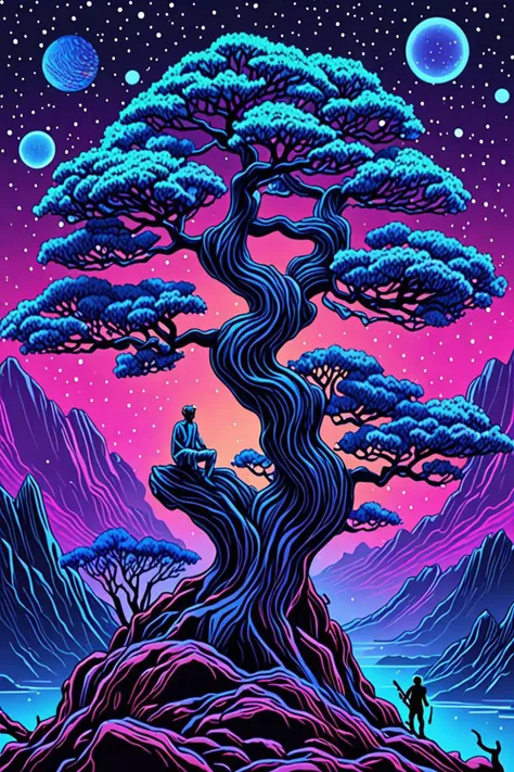 a blue bonsai and naturalist in a falling stars in the style of neon genesis anime style of futuristic, detailed, and expressive with a blend of surreal imagery fanart, action packed, <lora:add detail xl.safetensors:1.5>
