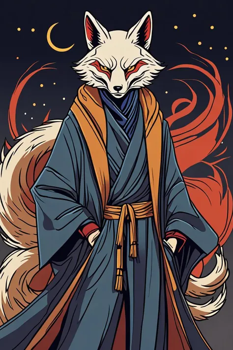 a kitsune mask and ( ( wearing a long coat ) ) in a at takeoff in the style of limited color palette, night mood, <lora:add detail xl.safetensors:1.5>