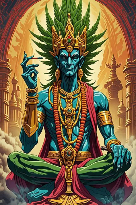 a cigarette in hand and in the shape of a ent in a hindu kovil scene in the style of macross delta splash art, w 1024, <lora:add detail xl.safetensors:1.5>
