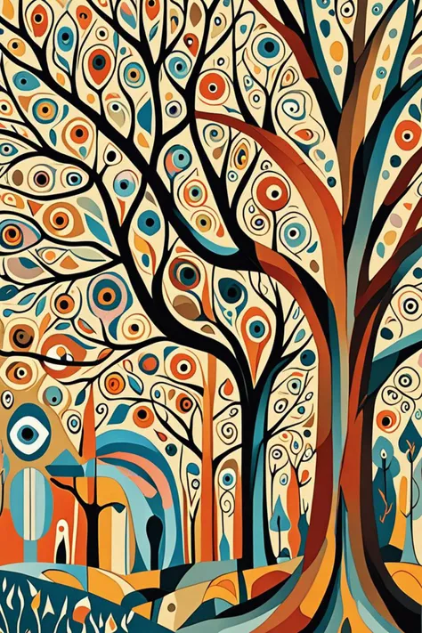 a beautiful border and burning white eyes in a populated with aliens and people in the style of cubism painting of a tree, dull pastel colors, <lora:add detail xl.safetensors:1.5>