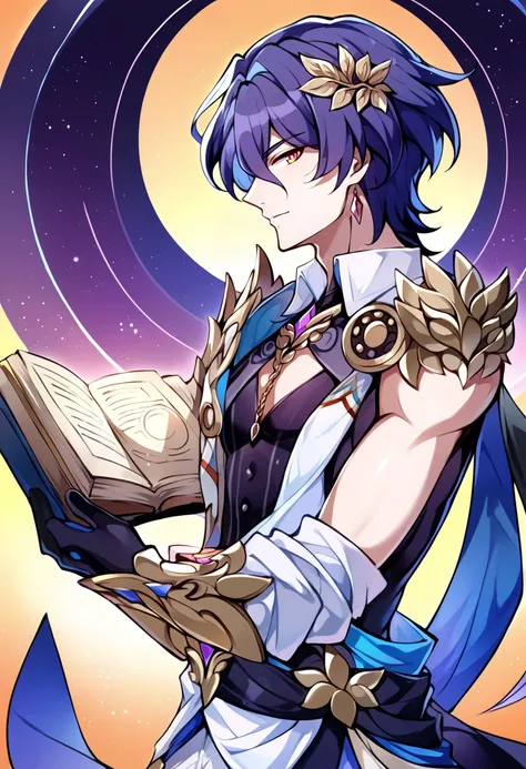 ethereal fantasy concept art of breathtaking score_9, score_8_up, score_7_up, score_6_up, score_5_up, score_4_up, <lora:intricate_details:0.5> intricate_details_xl, cowboy shot, profile picture,
BREAK
<lora:Honkai_Impact_Dr_Ratio_v1:1> 1boy, solo, Dr. Veritas Ratio, Dr. Ratio, honkai: star rail, yellow pupils, solo, 1boy, male focus, gloves, short hair, pectoral cleavage, blue hair, pectorals, hair between eyes, looking at viewer, shirt, pink eyes, yellow background, gradient background, abstract background, (skinny:0.2), reading, book . award-winning, professional, highly detailed . magnificent, celestial, ethereal, painterly, epic, majestic, magical, fantasy art, cover art, dreamy