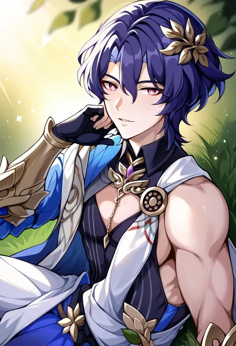 cinematic film still score_9, score_8_up, score_7_up, score_6_up, score_5_up, score_4_up, <lora:intricate_details:0.5> intricate_details_xl, cowboy shot, profile picture,
BREAK
<lora:Honkai_Impact_Dr_Ratio_v1:1> 1boy, solo, Dr. Veritas Ratio, Dr. Ratio, honkai: star rail, yellow pupils, solo, 1boy, male focus, gloves, short hair, pectoral cleavage, blue hair, pectorals, hair between eyes, looking at viewer, shirt, pink eyes, yellow background, gradient background, abstract background, (skinny:0.3), sitting, grass, . shallow depth of field, vignette, highly detailed, high budget, bokeh, cinemascope, moody, epic, gorgeous, film grain, grainy