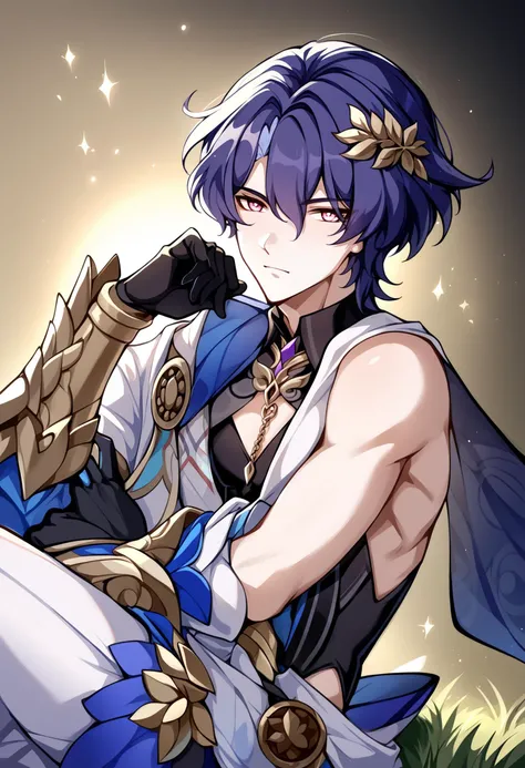 cinematic film still score_9, score_8_up, score_7_up, score_6_up, score_5_up, score_4_up, <lora:intricate_details:0.5> intricate_details_xl, cowboy shot, profile picture,
BREAK
<lora:Honkai_Impact_Dr_Ratio_v1:1> 1boy, solo, Dr. Veritas Ratio, Dr. Ratio, honkai: star rail, yellow pupils, solo, 1boy, male focus, gloves, short hair, pectoral cleavage, blue hair, pectorals, hair between eyes, looking at viewer, shirt, pink eyes, yellow background, gradient background, abstract background, (skinny:0.3), sitting, grass, . shallow depth of field, vignette, highly detailed, high budget, bokeh, cinemascope, moody, epic, gorgeous, film grain, grainy