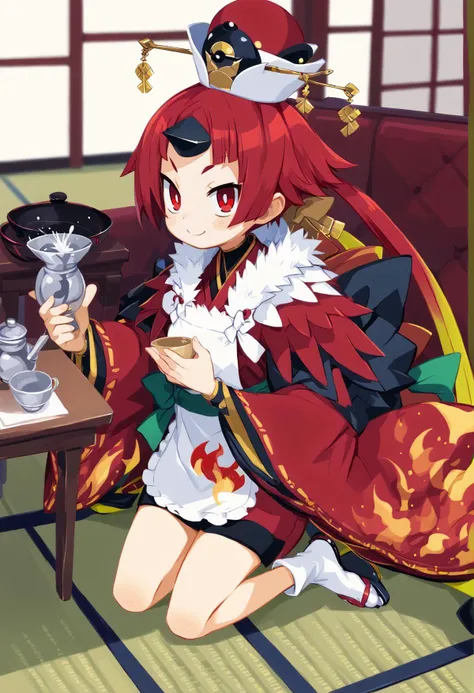 1girl, red eyes, red hair, yellow hair, long hair, Multicolored Hair, low ponytail, single horn, hat, red headwear, japanese clothes, kimono, flame print, wide sleeves, apron, feather trim, feathers, tabi, kneeling, indoors, couch, mansion, smile, holding teapot, pouring, looking at viewer, table <lora:Dechi:1> <lora:DisgaeaXL:1>, score_9, score_8_up, score_7_up, score_6_up, score_5_up, score_4_up, BREAK source_anime, masterpiece