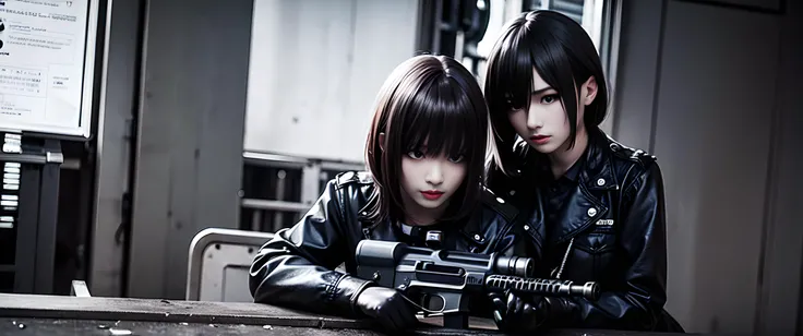 masterpiece, best quality, night city background, high detail background, 2 girls, assault rifle, militay uniform, rude face,,<lora:Nonoko:0.55>