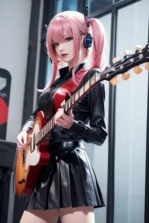 ((masterpiece,best quality))1girl, solo, black skirt, blue eyes, electric guitar, guitar, headphones, holding, holding plectrum, instrument, long hair, , music, one side up, pink hair, playing guiter, pleated skirt, black shirt, indoors,<lora:Nonoko:0.6>