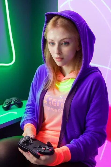 DEN_lady_melamori,
(sitting at a computer wearing headphones and playing games (holding a controller:1.2) wearing a (hoodie:1.2) in a (neon lit room:1.3), (gamer:1.2), gaming, (gamer girl:1.3), games, (purple lighting, neon:1.2):1.2),
bokeh, f1.4, 40mm, photorealistic, raw, 8k, textured skin, skin pores, intricate details <lora:epi_noiseoffset2:1>, epiCRealism <lora:ClothingAdjuster3:-1.3>