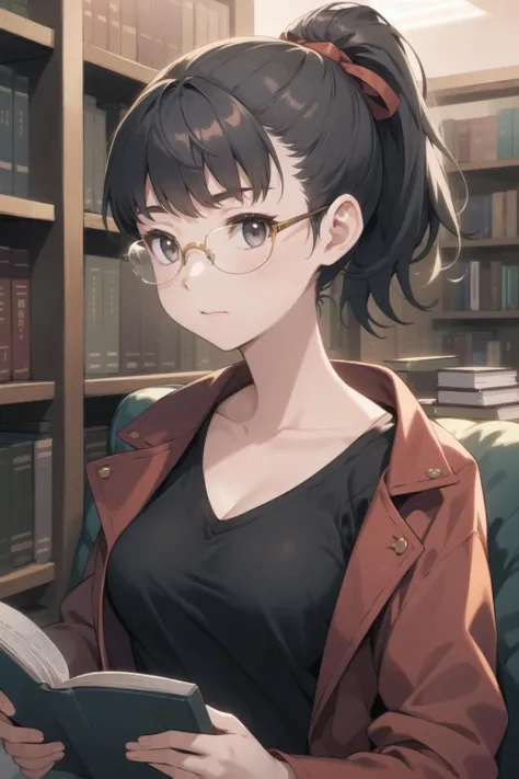 1girl, solo,
<lora:takamiyacosine-000024:1> takamiya, ponytail, grey eyes,
halterneck,
library, book, reading, glasses, tea