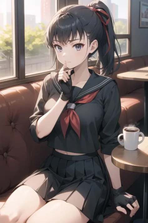 1girl, solo,
<lora:takamiyacosine-000024:1> takamiya, ponytail, grey eyes,
serafuku, skirt, fingerless gloves,
sitting, cafe, coffee, relaxed