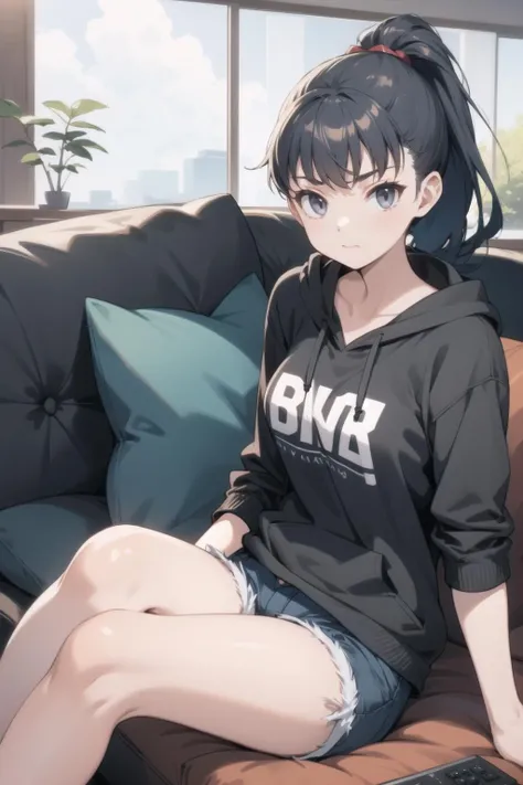 1girl, solo,
<lora:takamiyacosine-000024:1> takamiya, ponytail, grey eyes,
casual, living room, watching television, hoodie, shorts