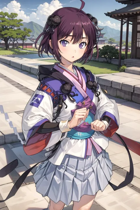 1girl, masterpiece, best quality, highly detailed, illustration, nanjou ran, outdoors, village, east asian architecture, standing, japanese clothes, pleated skirt, ahoge, :o, closed mouth, <lora:Ran:0.8>