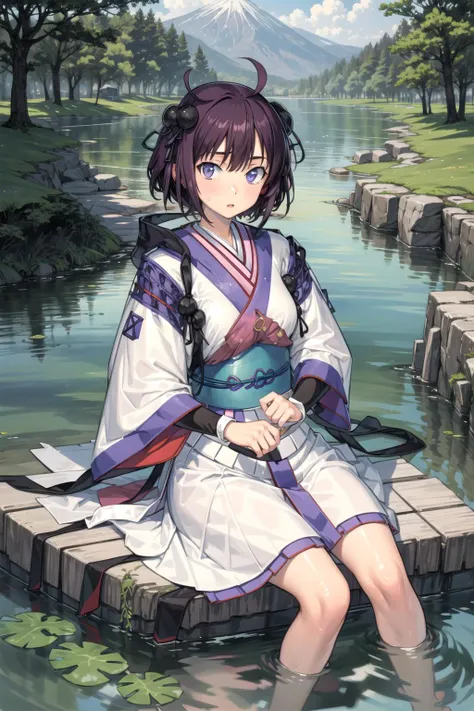 Anime girl sitting on a dock in a lake with a mountain in the ...