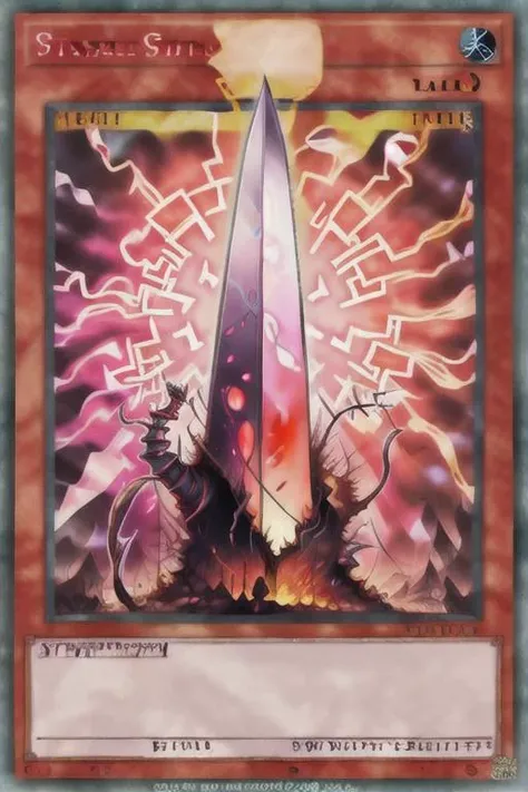 Parasitic Sword, Attribute: Pyro, Type: Earth ,<lora:testartstyle2:1>, <lora:yugioh:1>, glowing, yugioh style, yugioh monster, duel monster