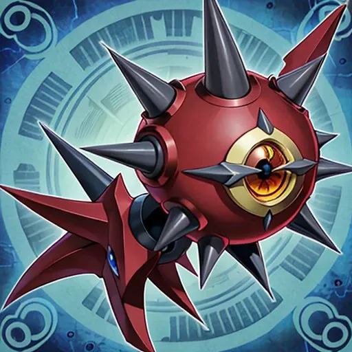 a close up of a red ball on a blue background, a character portrait, rayonism, fantasy duel, as an atlantean, he wears an eyepatch, ui card , yugioh style, yugioh monster, spikes, solo, claws, outline, robot, horns, mecha, one-eyed, no humans, pokemon (creature), blue background, yellow eyes, full body, looking at viewer, single horn, duel monster <lora:yugioh-000012:1>