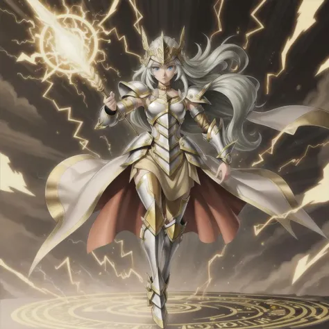 <lora:yugioh:1> (best quality:1.1), (masterpiece:1.2), anime, anime accurate, high-quality shadow, beautiful detailed, (high detailed skin, skin details), Light skin, gold and silver robes, gold and silver tunic, Blue eyes, gold and silver Cap, choker, gold and silver gloves, gold and silver armor, gold and silver helmet, Lightning background with Golden Magic Circle, Full Body, Lightning Staff with yellow diamonds, 1girl, Solo, Female, human, Aquamarine hair, long hair, Lightning Paladin, Yugioh style, Yugioh Monster, Highly Detailed, 5 fingers,