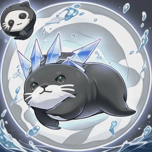 <lora:yugioh:1>, yugioh style, yugioh monster, glowing, outline, best quality, masterpiece, 4k, high details, (((not humanoid))), level 2, beast-warrior, water, attack: 250, defense: 100, (((cute seal))), small,