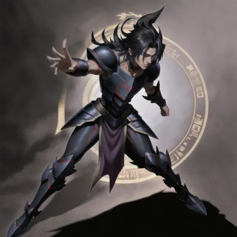 <lora:yugioh:1> (best quality:1.1), (masterpiece:1.2), anime, anime accurate, high-quality shadow, beautiful detailed, (high detailed skin, skin details), Light skin, Purple  black, red, and Dark Blue robes, Purple a black, red, nd dark Blue tunic, Blue eyes, Purple black, red and Dark Blue Cap, choker, Purple, black, red and dark Blue gloves, Purple black, red and Armor, Black  background with Violet Magic Circle, Full Body, Fusion between Magician of Black Chaos or Dark Magician of Chaos, and Buster Blader, A Scepter with Sword Blade on top, 1boy, Solo, male, human, black Long  spiky hair with dark blue hair streaks,, Yugioh style, Yugioh Monster, Highly Detailed, 5 fingers,