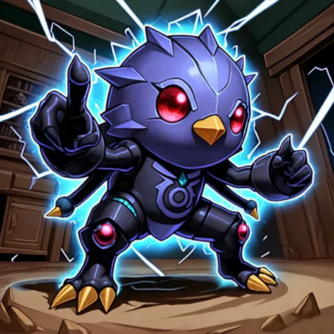 <lora:yugioh:1> a dark scary chibi duel monster creature, iced latin\'s feet out of the ground, concept art, by Baiken Eishun, birb, altermodern, front game card, containing a hidden portal, yugioh card, yugioh style, yugioh monster, solo, electricity, tube, lightning, outline, what, floating, glowing, aura, shadow, plant, indoors, pointing, no humans, pokemon (creature), full body, red eyes, white outline, looking at viewer, purple