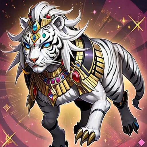 <lora:yugioh:1> an egyptian duel monster, white tiger, aesthetic!!!!!!!!, aesthetic stylish deity, yugioh style, yugioh monster, solo, jewelry, sparkle, gem, crown, earrings, claws, robot, egyptian, necklace, outline, smile, dress, no humans, looking at viewer, duel monster, red gemstone, yellow eyes, full body, white hair, orange eyes, multicolored background, forehead jewel, blue eyes, forehead jewel, forehead jewel, forehead